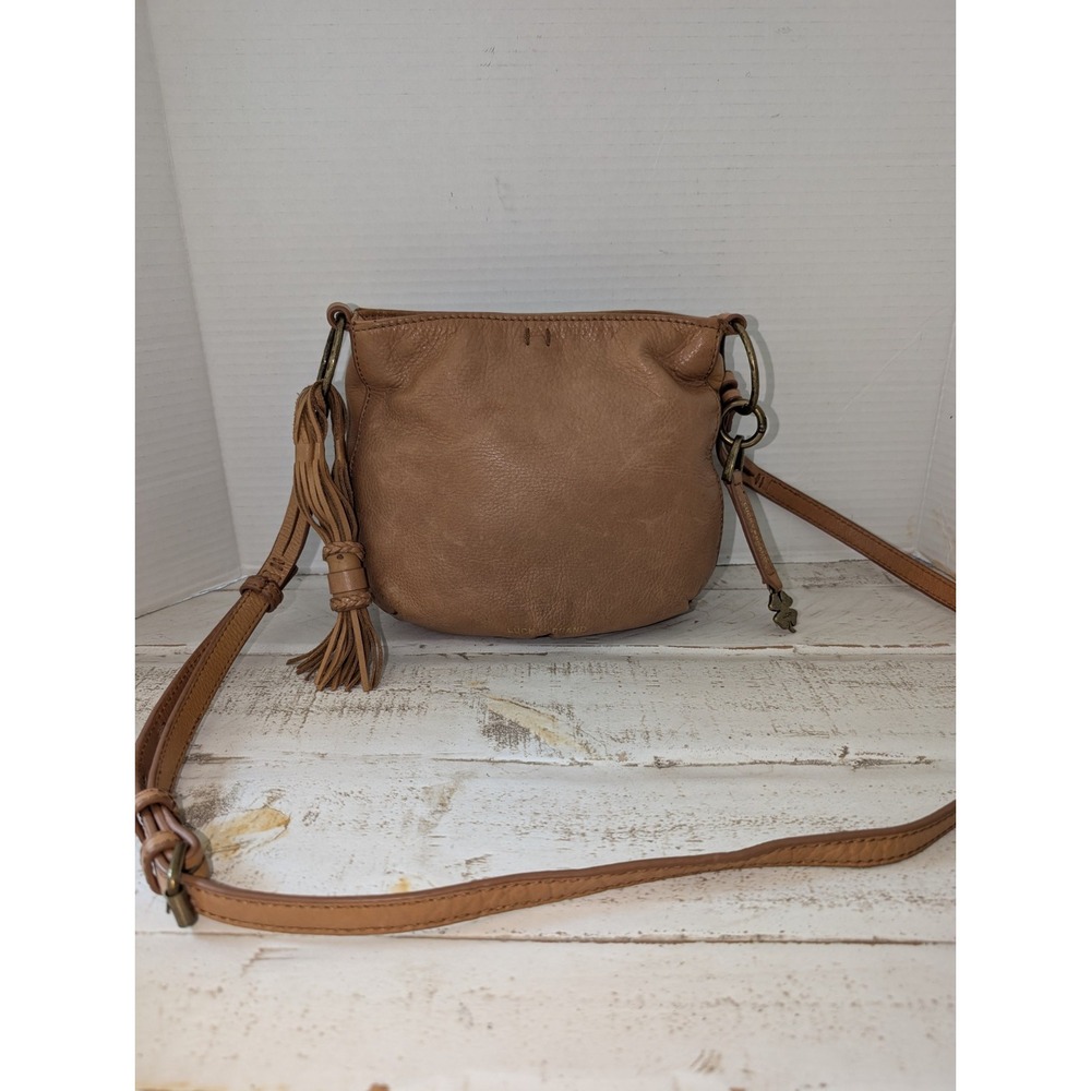 Lucky Brand Cognac Brown Leather Crossbody Bag Tassel Boho Small Saddle Purse